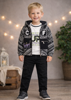 طقم صبياني ثلاث قطع جاكيت جوخ وبنطال كارجو 3515 - اسود