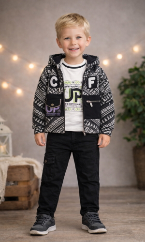 طقم صبياني ثلاث قطع جاكيت جوخ وبنطال كارجو 3515 - اسود