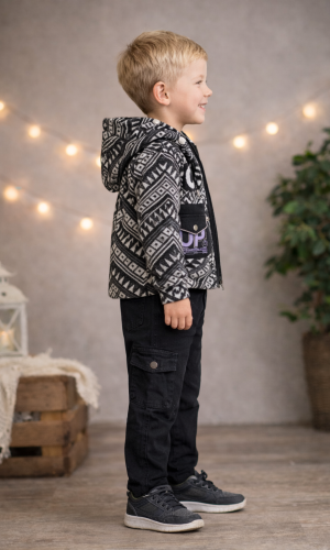 طقم صبياني ثلاث قطع جاكيت جوخ وبنطال كارجو 3515 - اسود