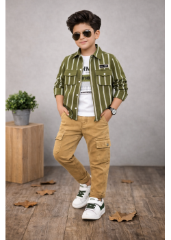 طقم ولادي كاجوال 3 قطع 3521  - زيتي