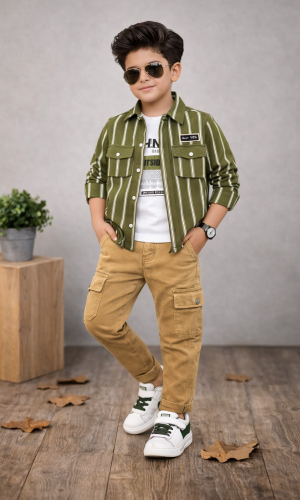 طقم ولادي كاجوال 3 قطع 3521  - زيتي