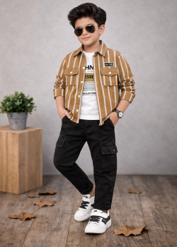 طقم ولادي كاجوال 3 قطع 3521  - عسلي