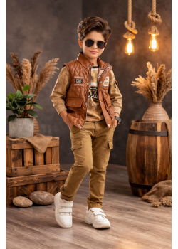 طقم ولادي عصري 3 قطع مع سترة جلدية (نصية) 3522 - عسلي