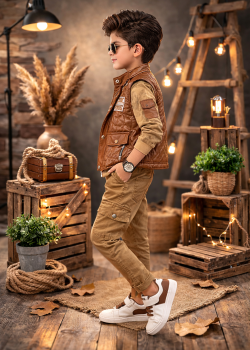 طقم ولادي عصري 3 قطع مع سترة جلدية (نصية) 3522 - عسلي