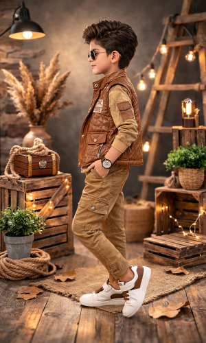 طقم ولادي عصري 3 قطع مع سترة جلدية (نصية) 3522 - عسلي