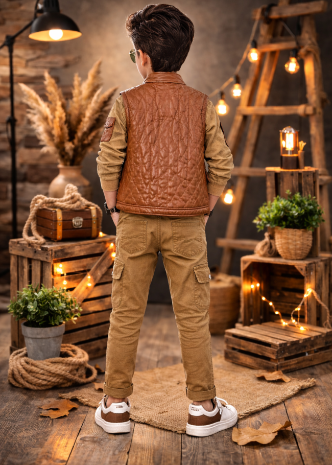 3522 طقم ولادي نصية جلد - عسلي