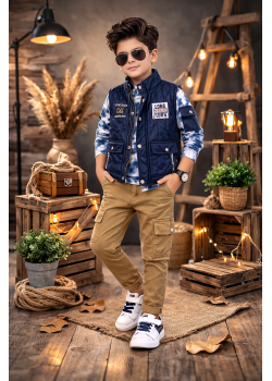 طقم ولادي عصري 3 قطع مع سترة جلدية (نصية) 3522 - كحلي