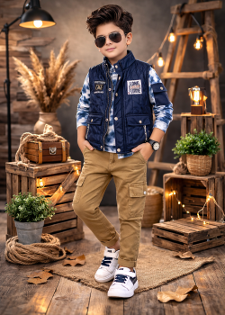 طقم ولادي عصري 3 قطع مع سترة جلدية (نصية) 3522 - كحلي