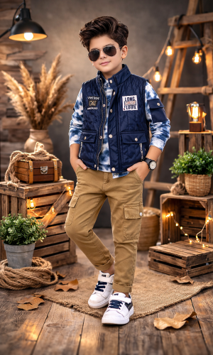 طقم ولادي عصري 3 قطع مع سترة جلدية (نصية) 3522 - كحلي