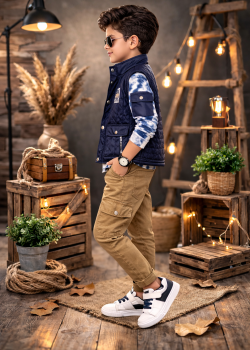 طقم ولادي عصري 3 قطع مع سترة جلدية (نصية) 3522 - كحلي