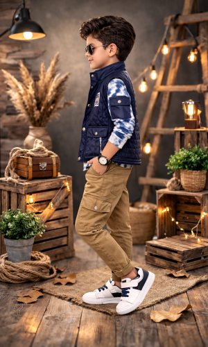 طقم ولادي عصري 3 قطع مع سترة جلدية (نصية) 3522 - كحلي