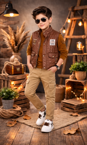 طقم ولادي عصري 3 قطع مع سترة جلدية (نصية) 3522 - بني