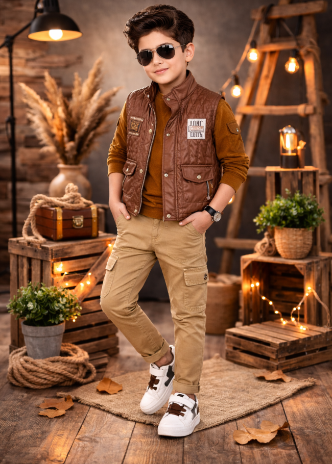 3522 طقم ولادي نصية جلد - بني