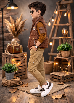 طقم ولادي عصري 3 قطع مع سترة جلدية (نصية) 3522 - بني