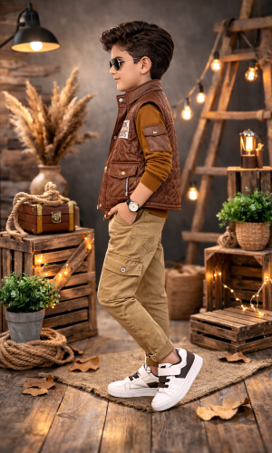 طقم ولادي عصري 3 قطع مع سترة جلدية (نصية) 3522 - بني