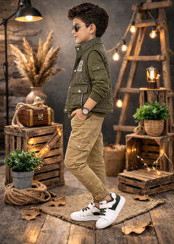 طقم ولادي عصري 3 قطع مع سترة جلدية (نصية) 3522 - زيتي