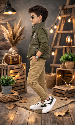 طقم ولادي عصري 3 قطع مع سترة جلدية (نصية) 3522 - زيتي