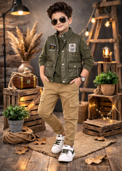 طقم ولادي عصري 3 قطع مع سترة جلدية (نصية) 3522 - زيتي