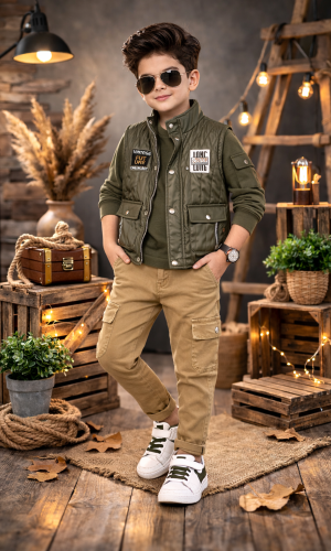 طقم ولادي عصري 3 قطع مع سترة جلدية (نصية) 3522 - زيتي