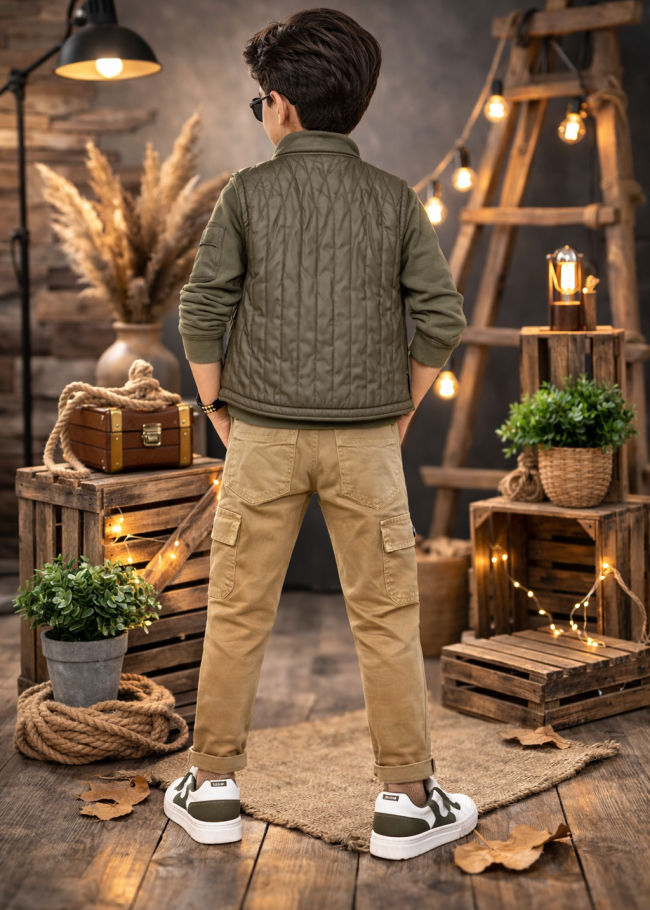 3522 طقم ولادي نصية جلد - زيتي