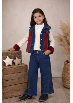 طقم بناتي جينز عصري 3 قطع 3526 - خمري