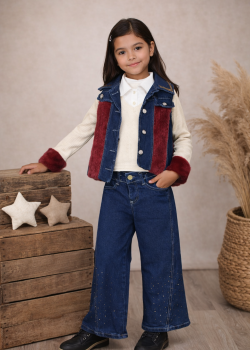 طقم بناتي جينز عصري 3 قطع 3526 - خمري