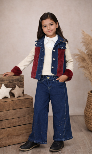Stylish 3-Piece Girls' Denim Set 3526 - burgundy