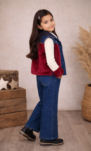 Stylish 3-Piece Girls' Denim Set 3526 - burgundy