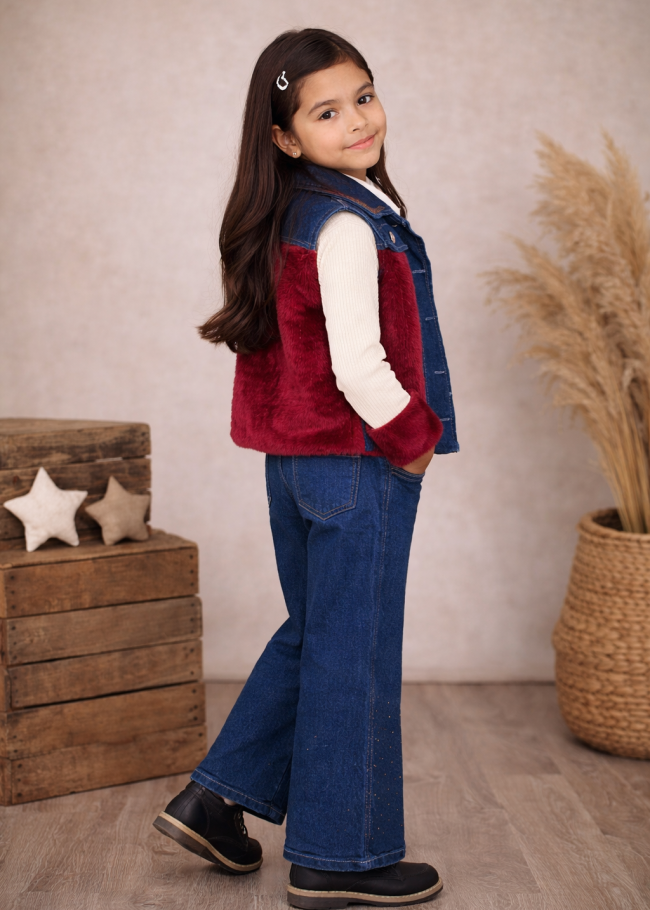 3526 طقم تريكو جينز بناتي - خمري