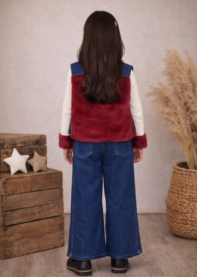 3526 طقم تريكو جينز بناتي - خمري