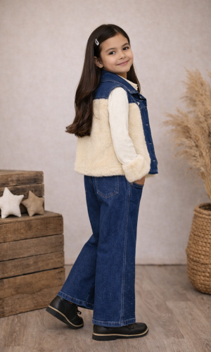 طقم بناتي جينز عصري 3 قطع 3526 - ابيض