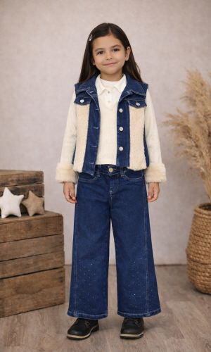 طقم بناتي جينز عصري 3 قطع 3526 - ابيض