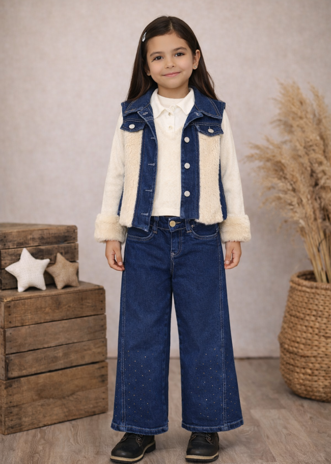 3526 طقم تريكو جينز بناتي - ابيض