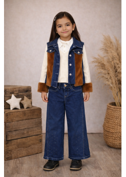 طقم بناتي جينز عصري 3 قطع 3526 - بني