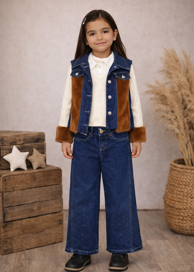 3526 طقم تريكو جينز بناتي - بني