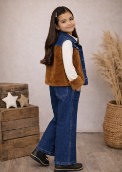 طقم بناتي جينز عصري 3 قطع 3526 - بني
