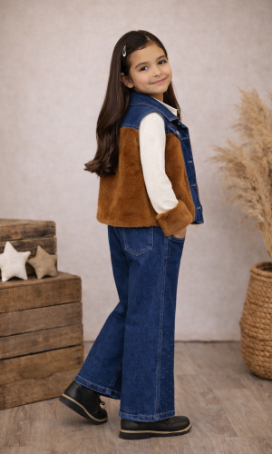 طقم بناتي جينز عصري 3 قطع 3526 - بني