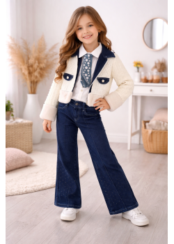 طقم بناتي جينز عصري 3 قطع 3528  - ابيض