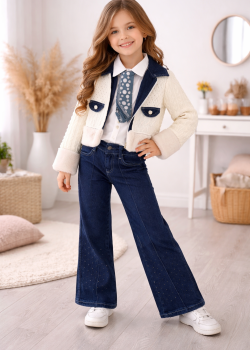 طقم بناتي جينز عصري 3 قطع 3528  - ابيض