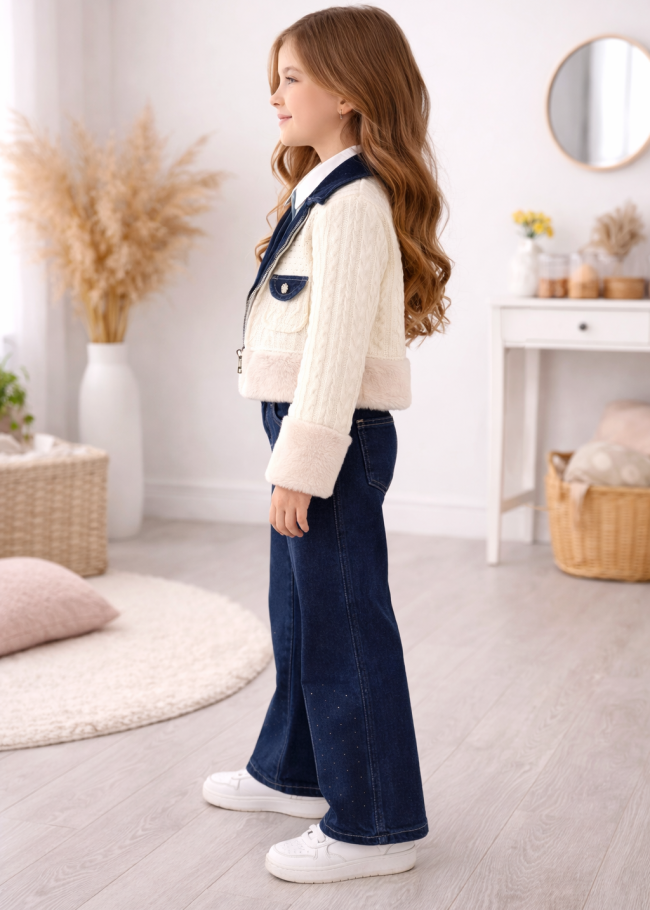 3528 طقم جينز بناتي  - ابيض