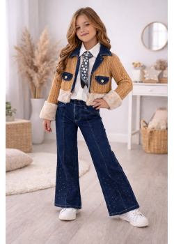 طقم بناتي جينز عصري 3 قطع 3528  - بني