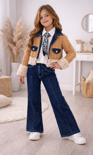 Modisches 3-teiliges Jeans-Set für Mädchen 3528  - Braun