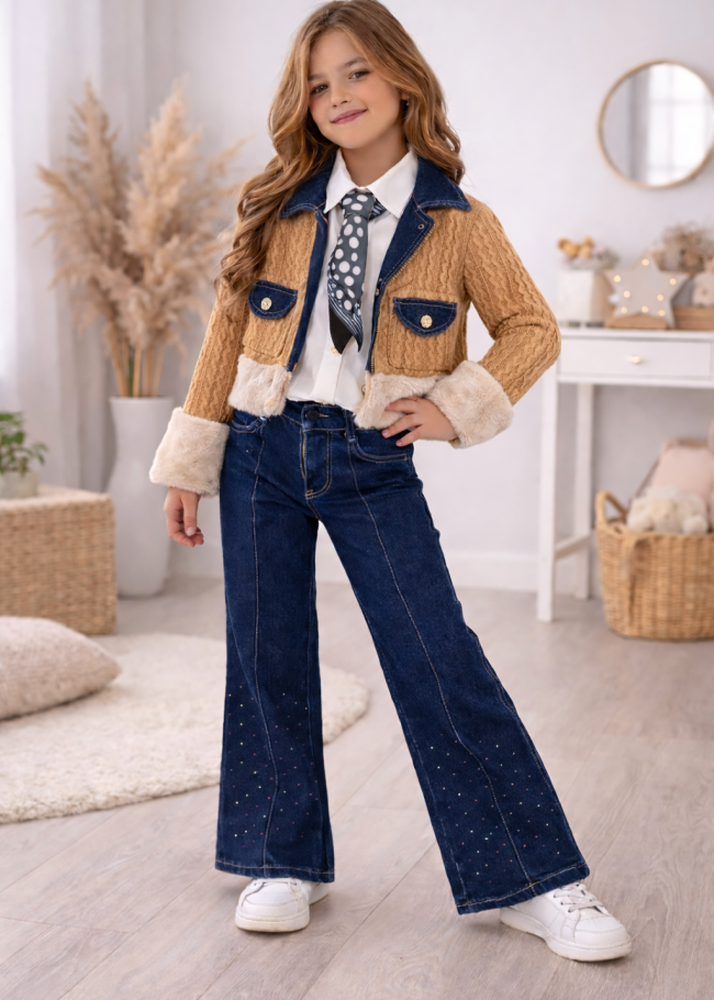 3528 طقم جينز بناتي  - brown