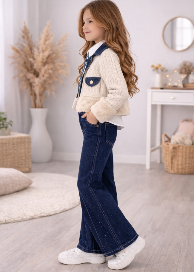 3528 طقم جينز بناتي  - ivory