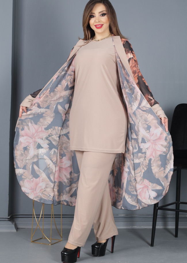 3Lü Takım Baskılı Şifon Hırka , Tunik , Pantalon kod  4052 Bej