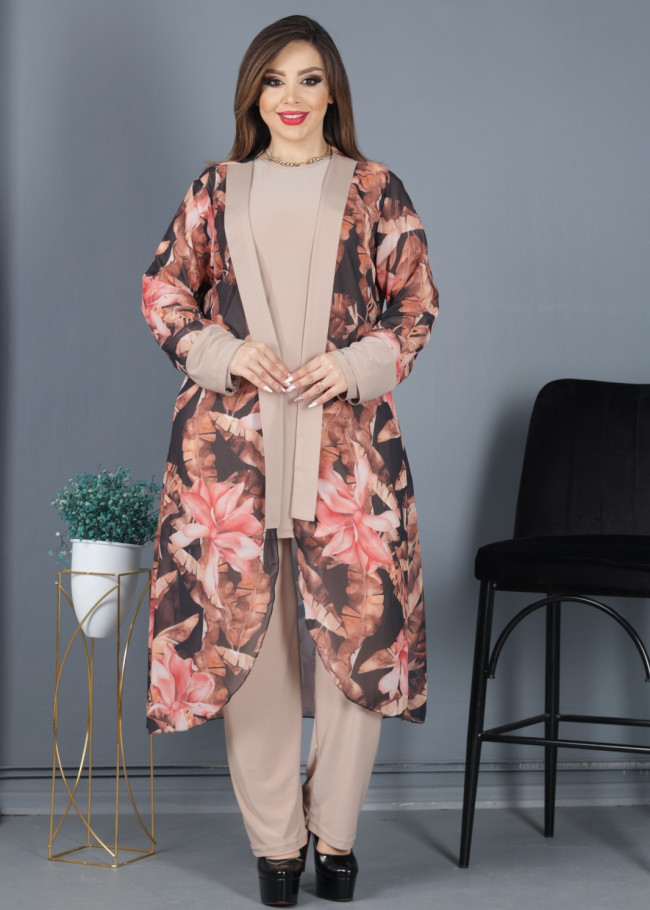 3Lü Takım Baskılı Şifon Hırka , Tunik , Pantalon kod  4052 Bej