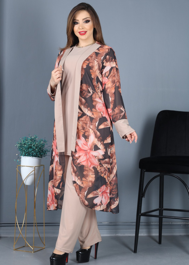 3Lü Takım Baskılı Şifon Hırka , Tunik , Pantalon kod  4052 Bej