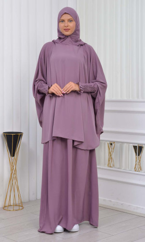 سدال شرعي طويل مع كبشون 3 قطع (شرشف,جلباب شرعي ) 824 - ليلك