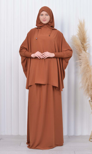 سدال شرعي طويل مع كبشون 3 قطع (شرشف,جلباب شرعي ) 824 - ترابي