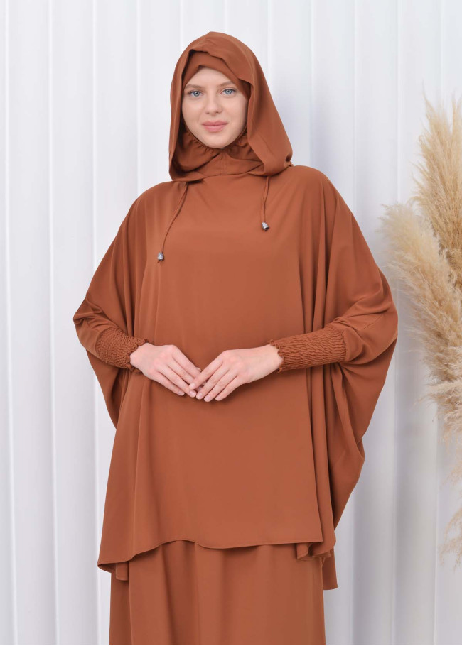 3lü-Takım tesettür çarçaf kapşonlu standart beden 824 taba